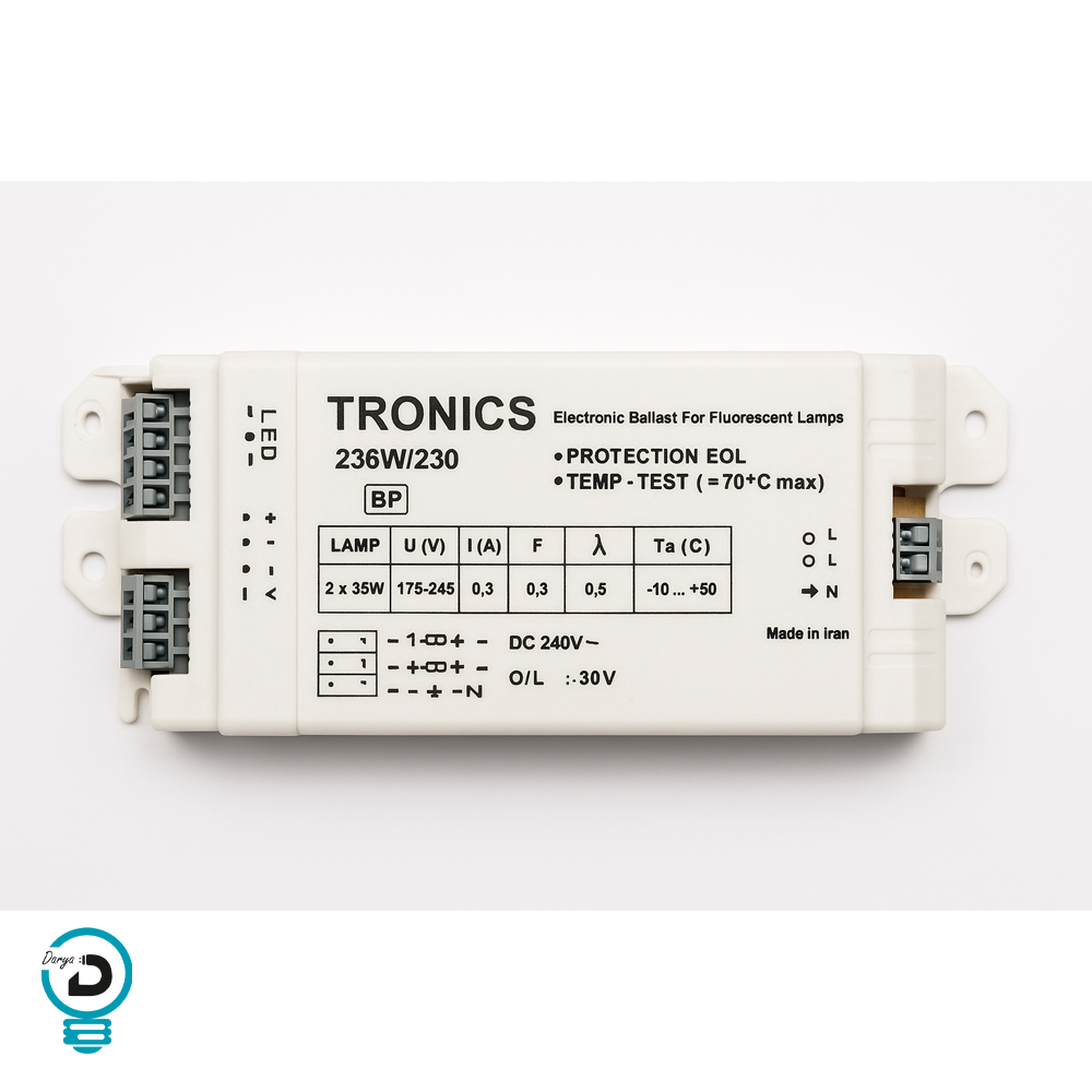 «بالاست الکترونیکی 36×2 ترونیکس Tronics مدل 230V مناسب برای دو عدد لامپ فلورسنت 36 وات ساخت ایران